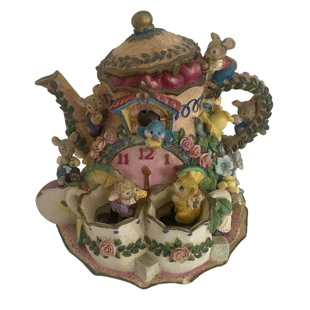 Vintage Sankyo Teapot Musical Figurine Mice Cat Tea Party Clock No Bottom